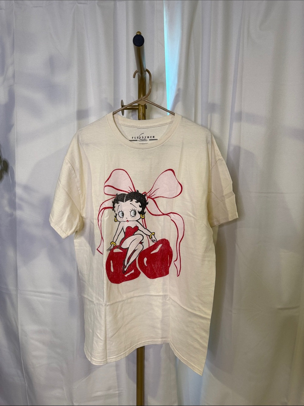 Betty Boop Cream Graphic Tee with Red Cherry Print Fleischer Studios M Cotton